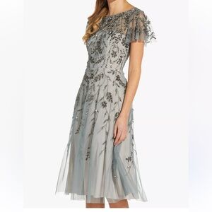 Adrianna Papell Beaded Flutter Sleeve Midi Dress Slate